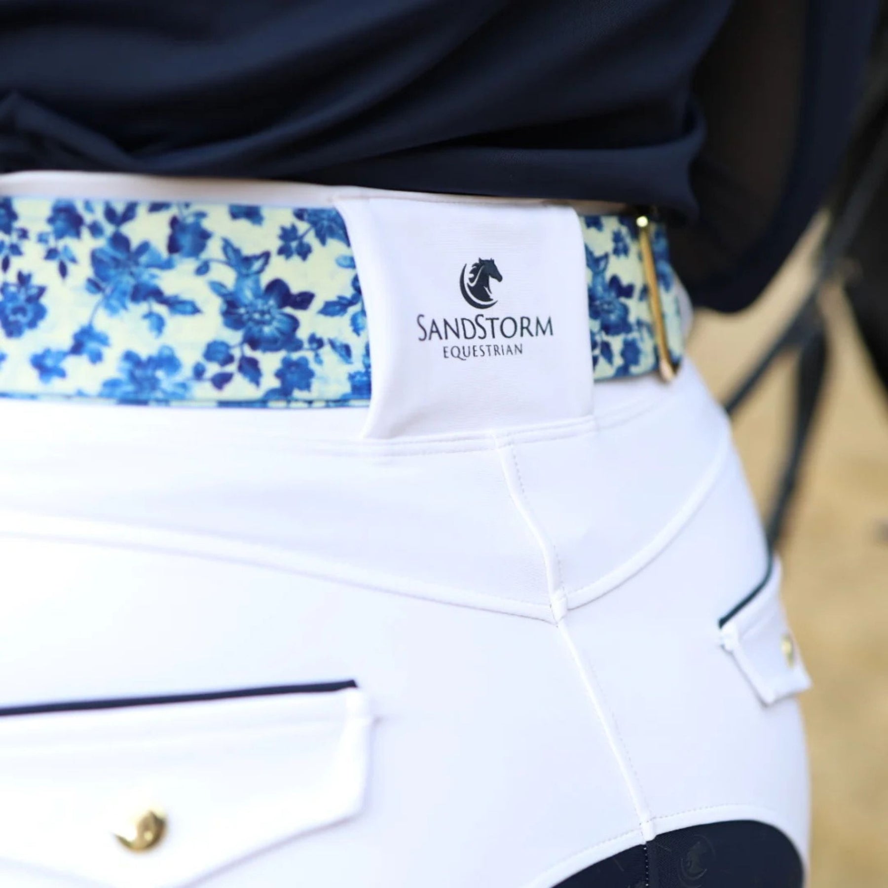 SandStorm Women's Lux Performance Hybrid Riding Leggings in White with Navy Seat