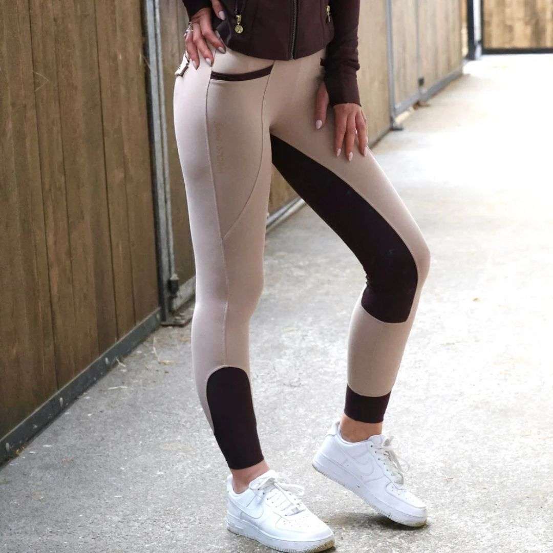 SandStorm Women's Lux Performance Hybrid Riding Leggings in Beige with Chocolate Seat