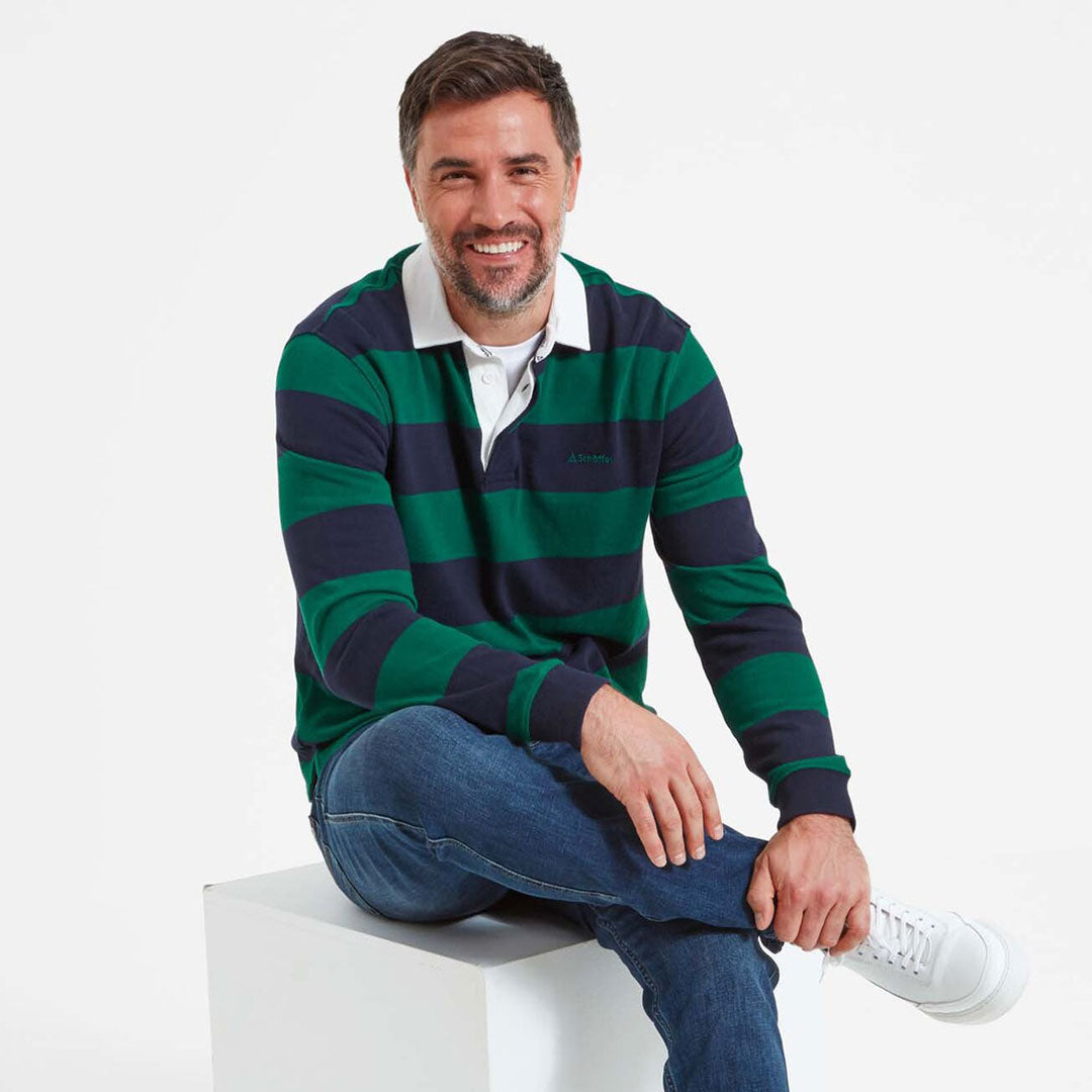 Schoffel Men's St. Mawes Rugby Shirt in Navy with Green Stripes
