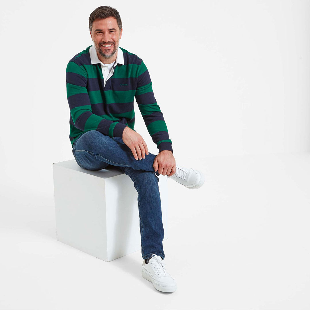 Schoffel Men's St. Mawes Rugby Shirt in Navy with Green Stripes
