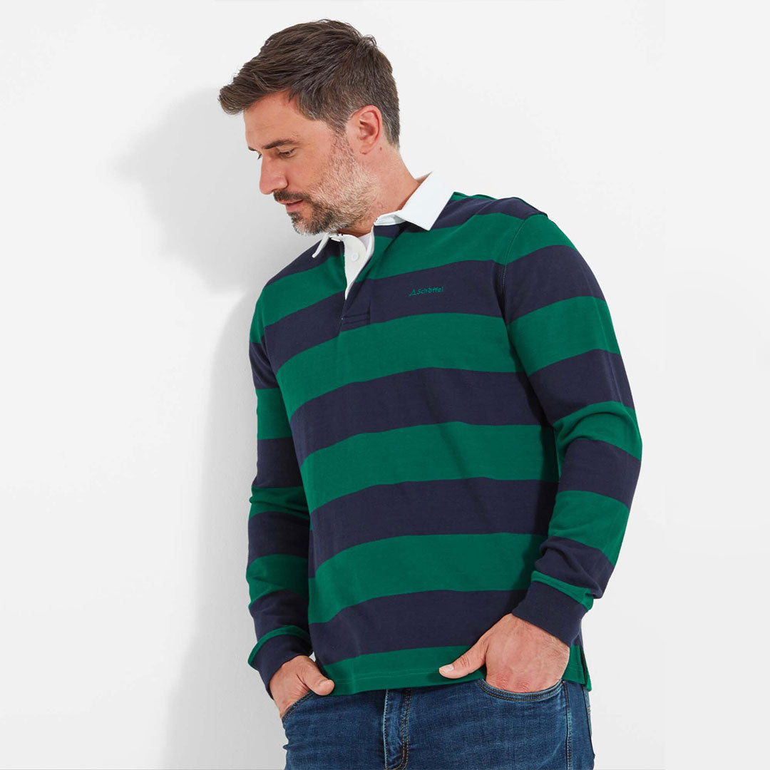 Schoffel Men's St. Mawes Rugby Shirt in Navy with Green Stripes