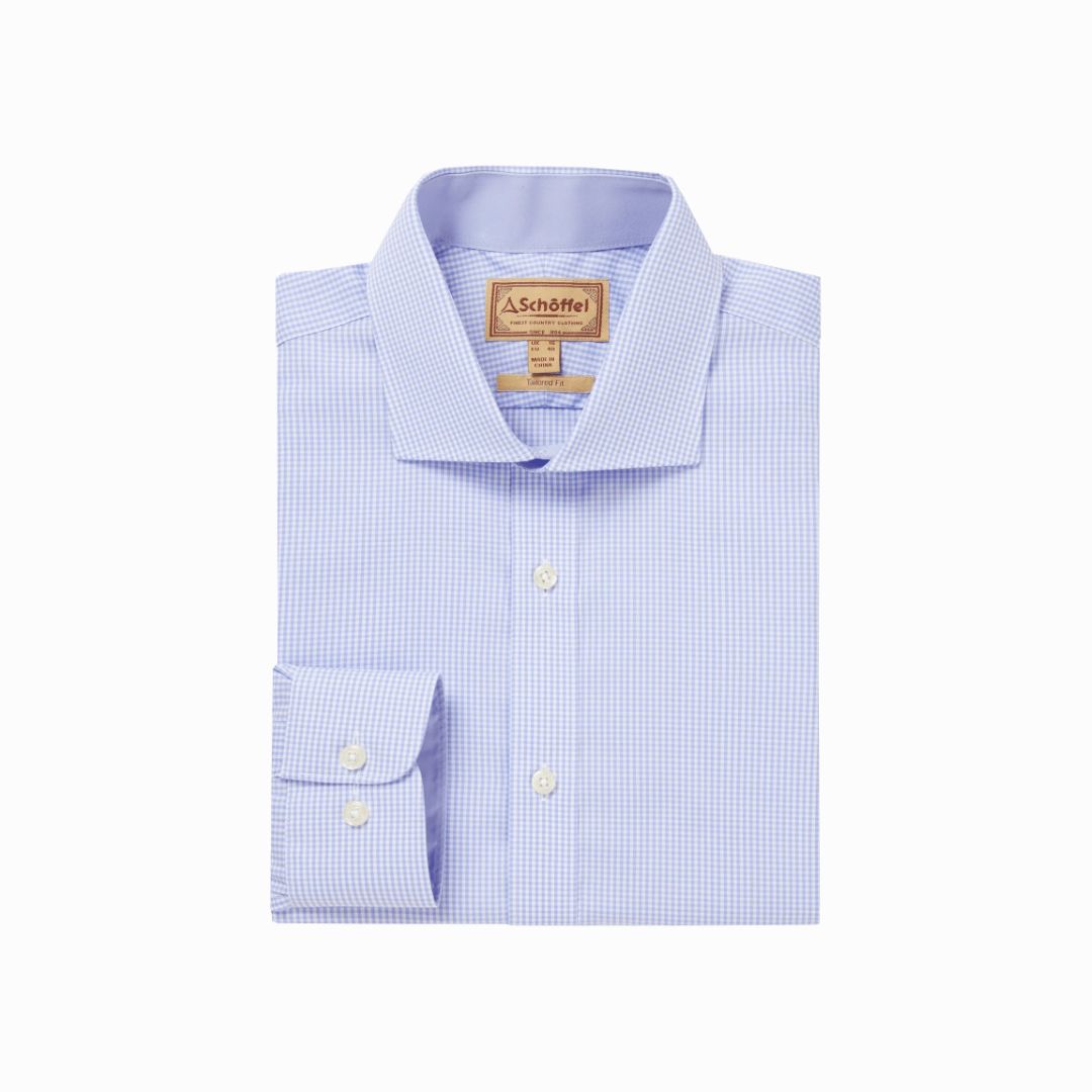 Schoffel Men's Greenwich Tailored Shirt in Light Blue Micro Check