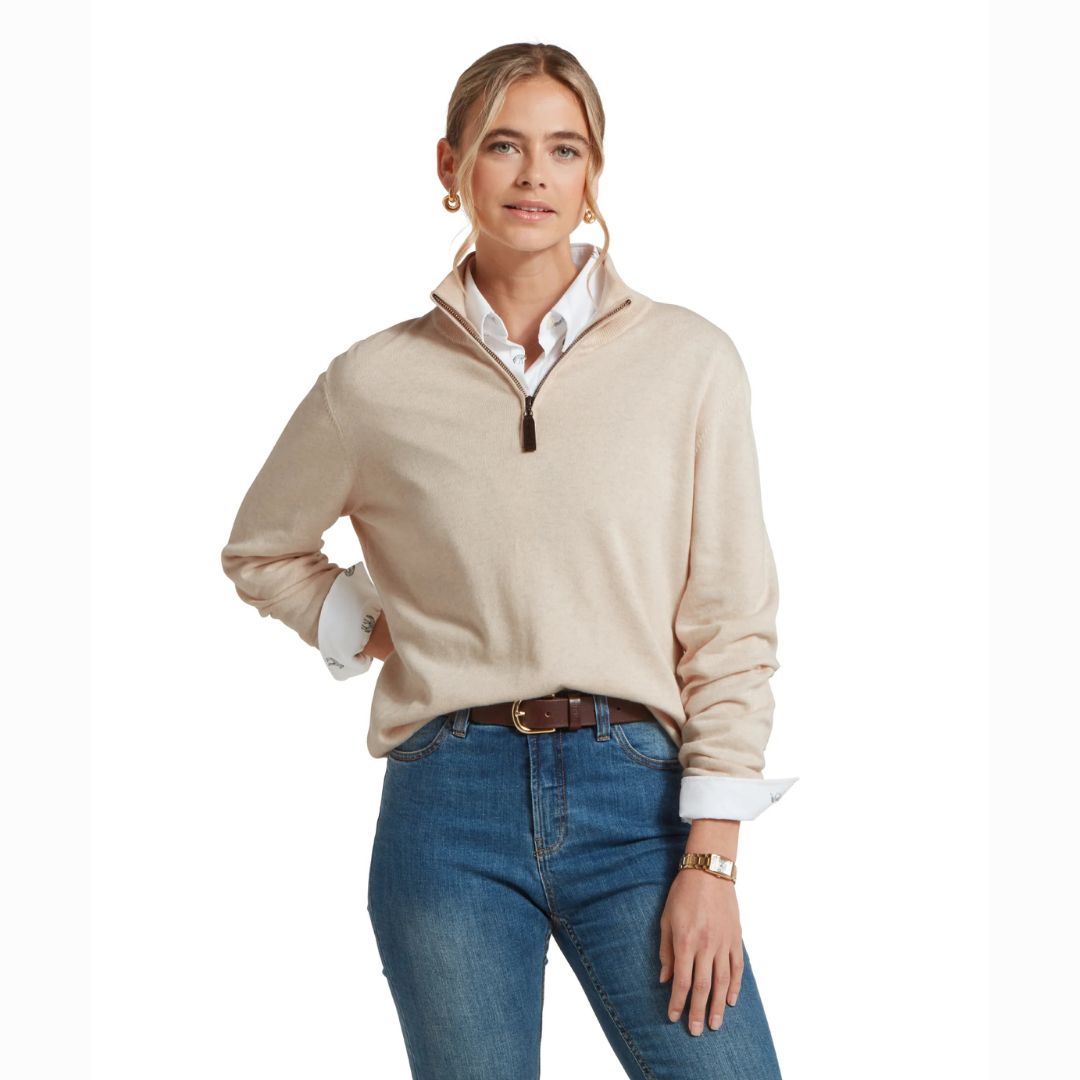 Schoffel Women's Polperro Pima Cotton Quarter Zip Jumper in Oat