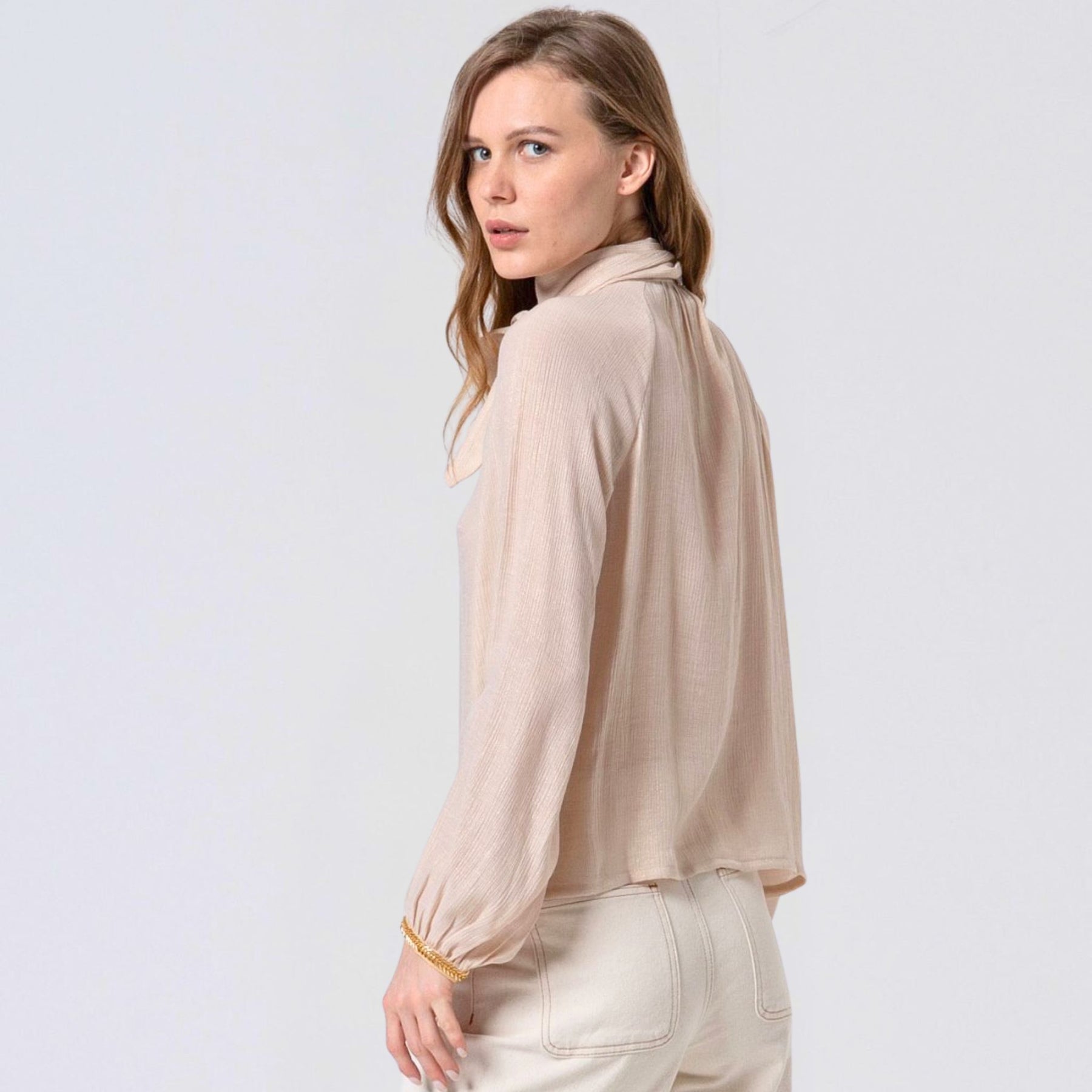 Surkana Women's Liex Blouse with Neck Tie Blouse Ecru