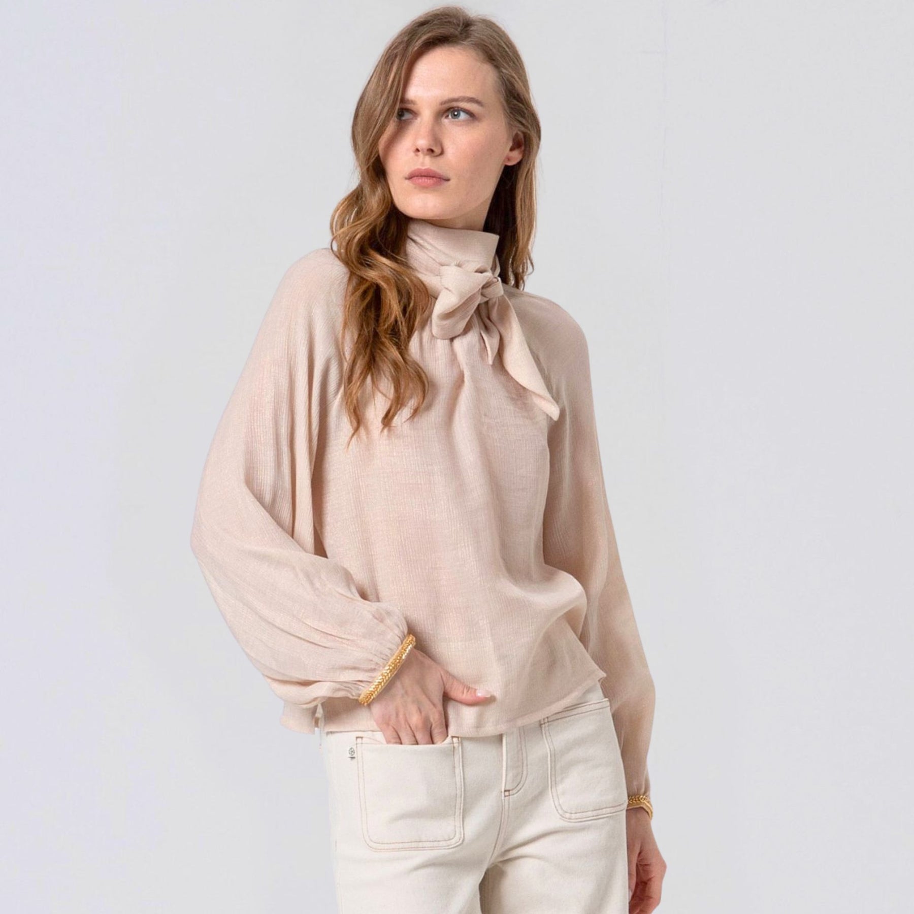 Surkana Women's Liex Blouse with Neck Tie Blouse Ecru