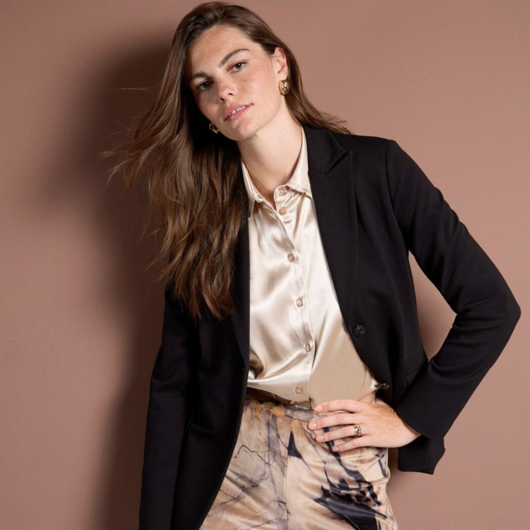 Surkana Women's Liki Satin Shirt in Beige with Cuff Detail