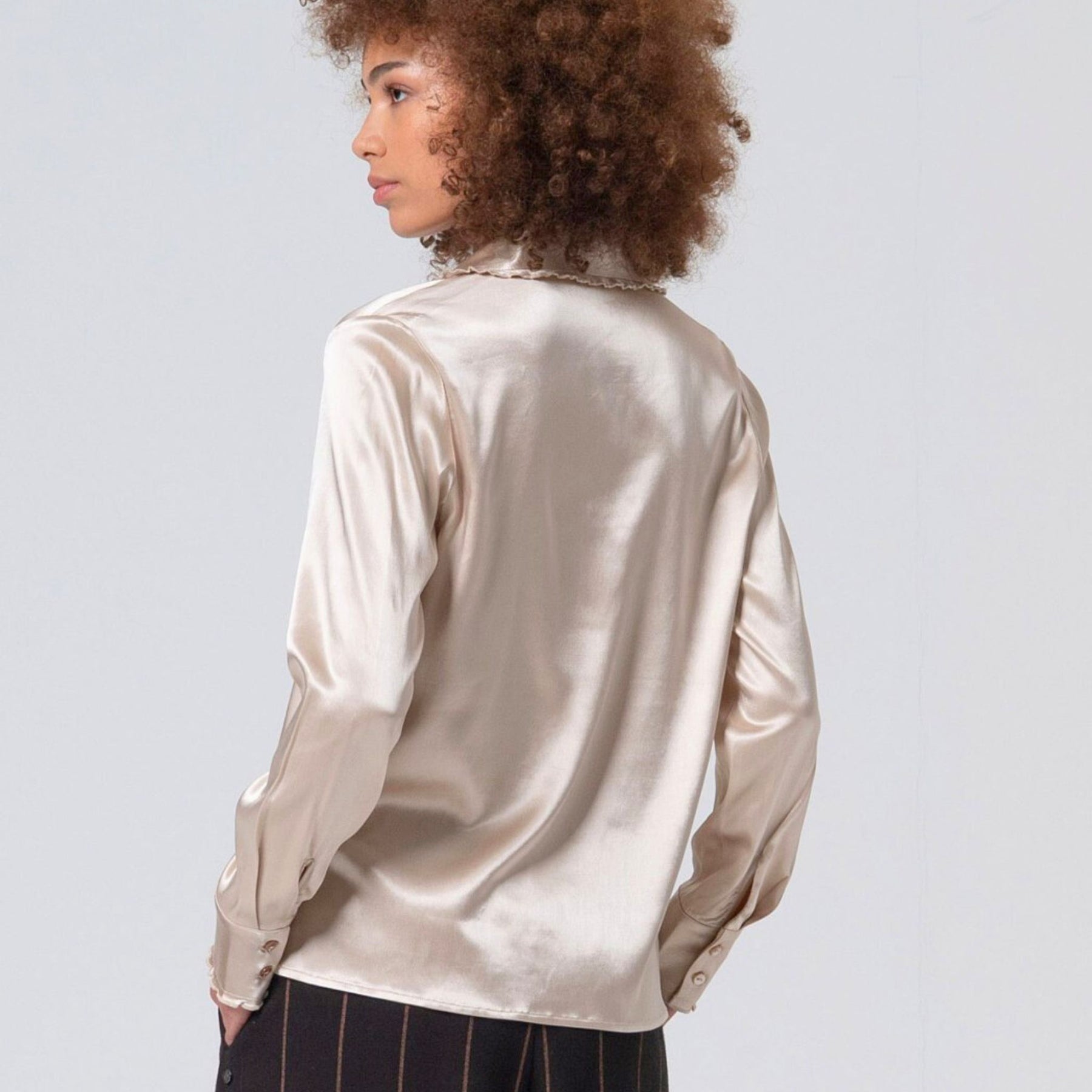 Surkana Women's Liki Satin Shirt in Beige with Cuff Detail