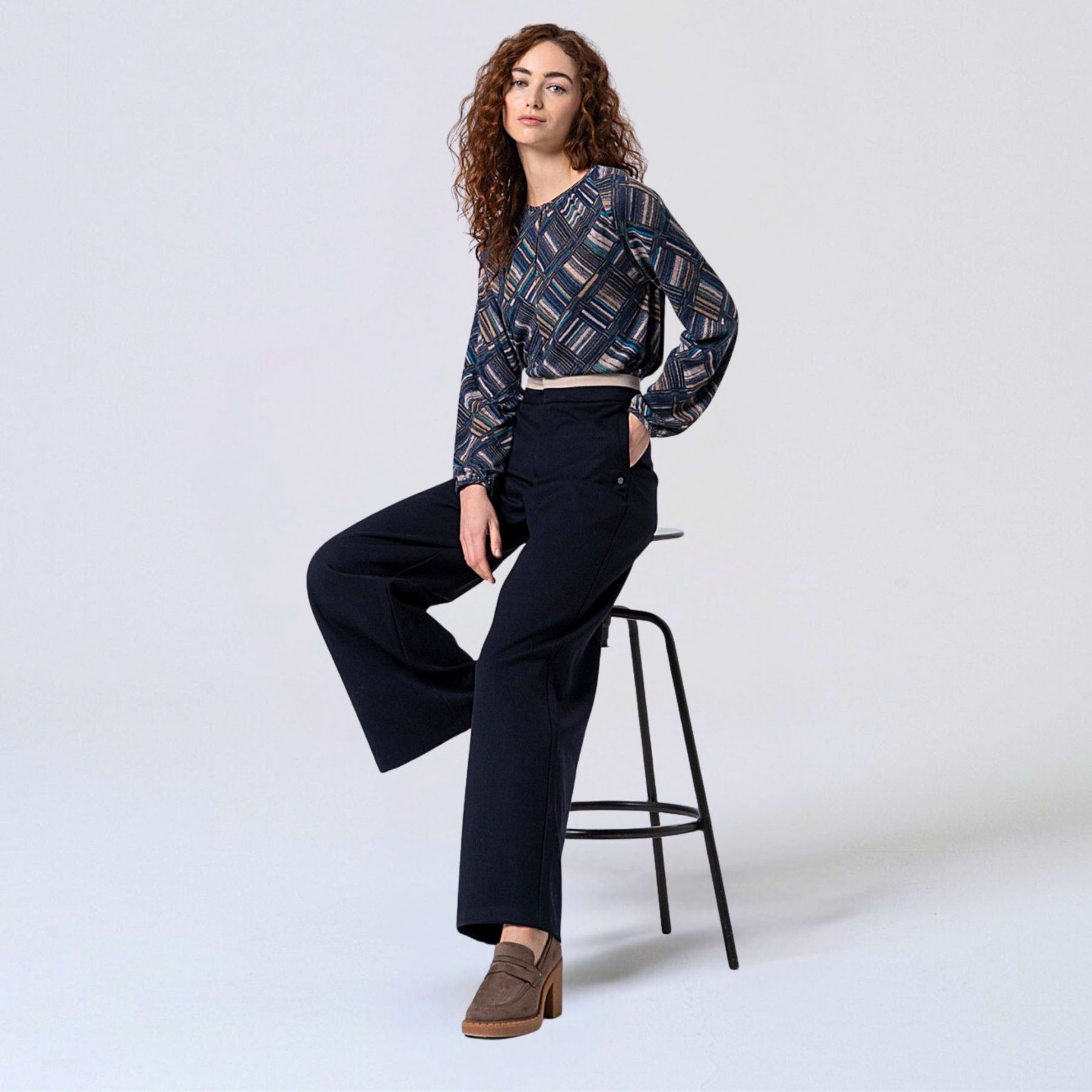 Surkana Women's Lily Wide Trousers with Contrasting Waistband in Navy & Blue