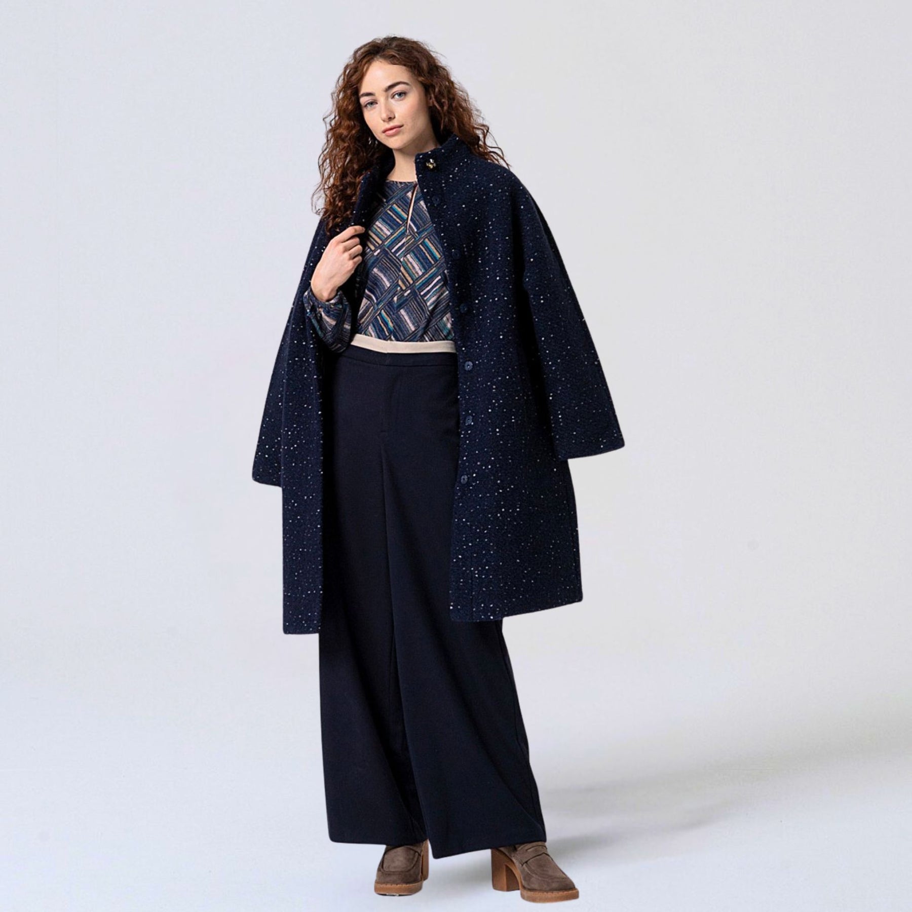 Surkana Women's Lily Wide Trousers with Contrasting Waistband in Navy & Blue