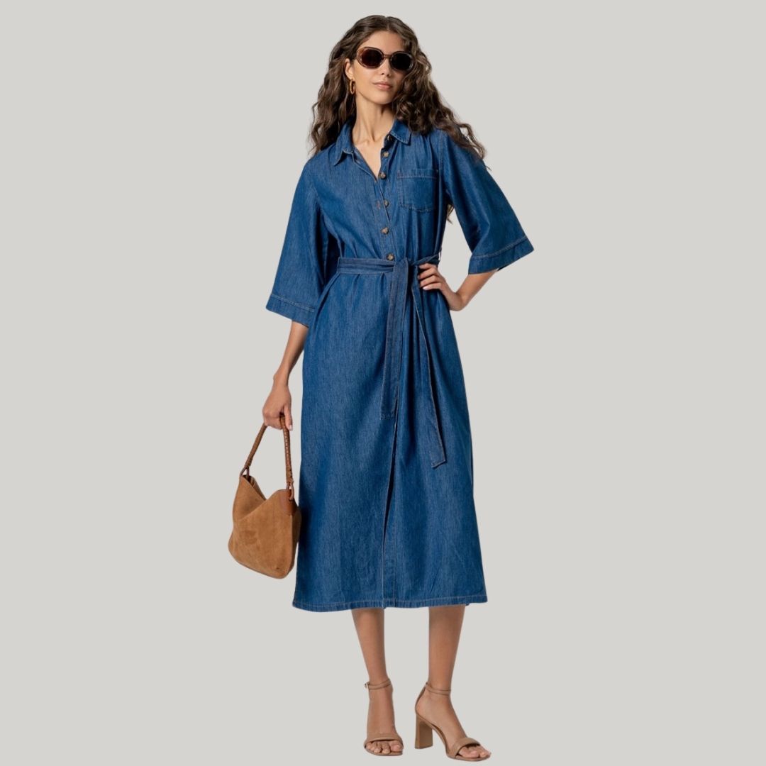 Surkana Women's Long Shirt Dress in Blue Denim