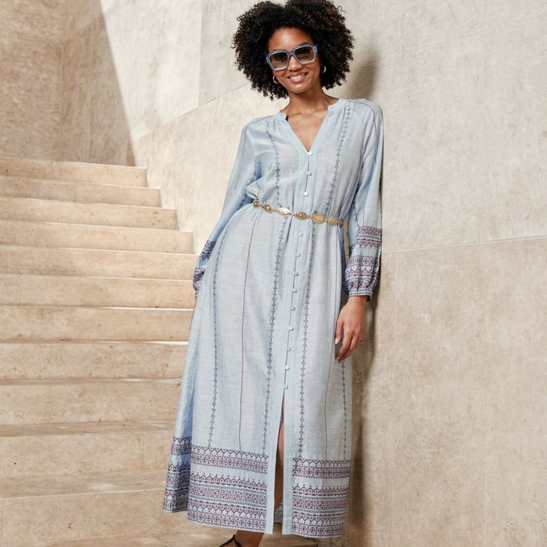 Surkana Women's Long Shirt Dress in Sky Blue