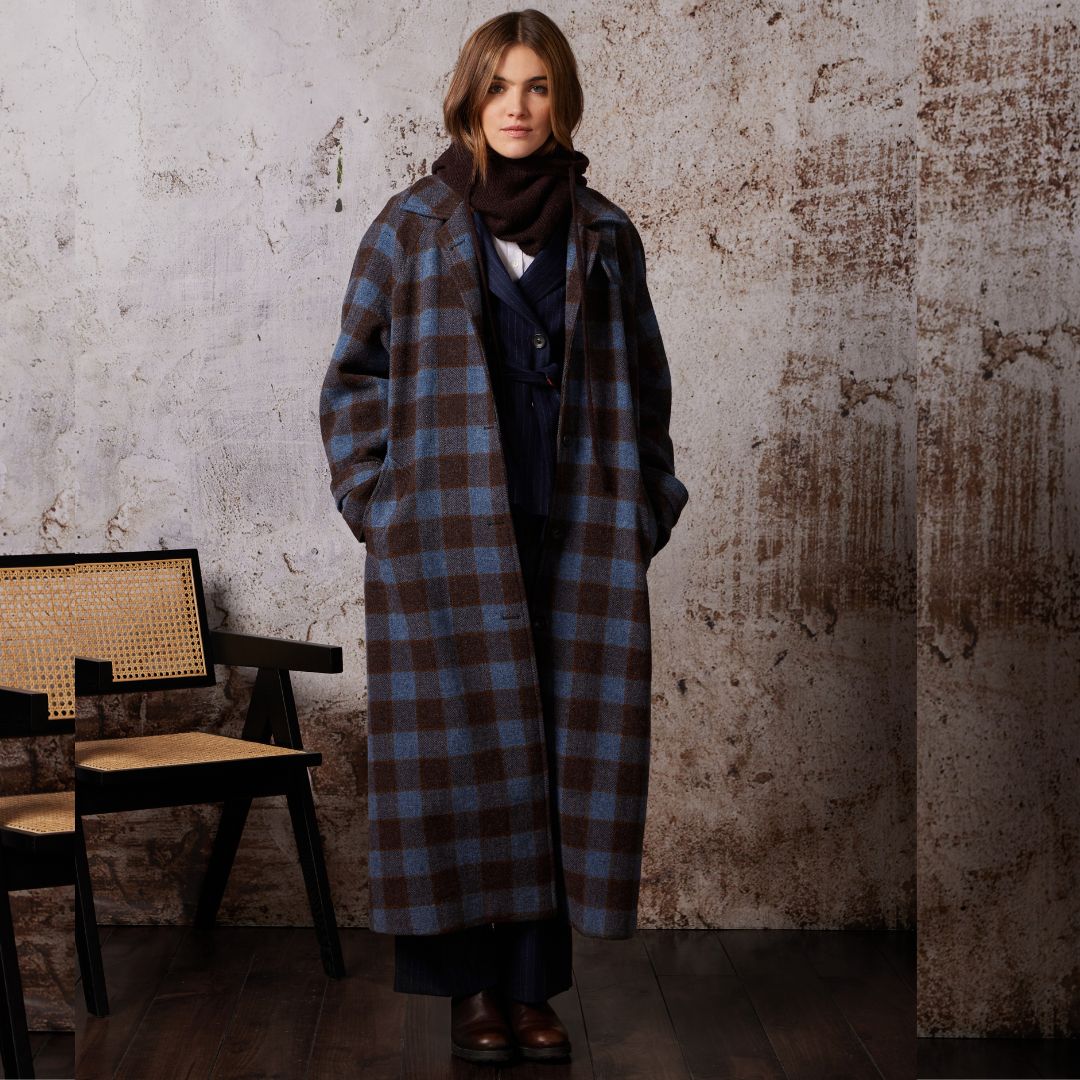 Diega Women's Macialo Check Long Coat in Brown & Blue