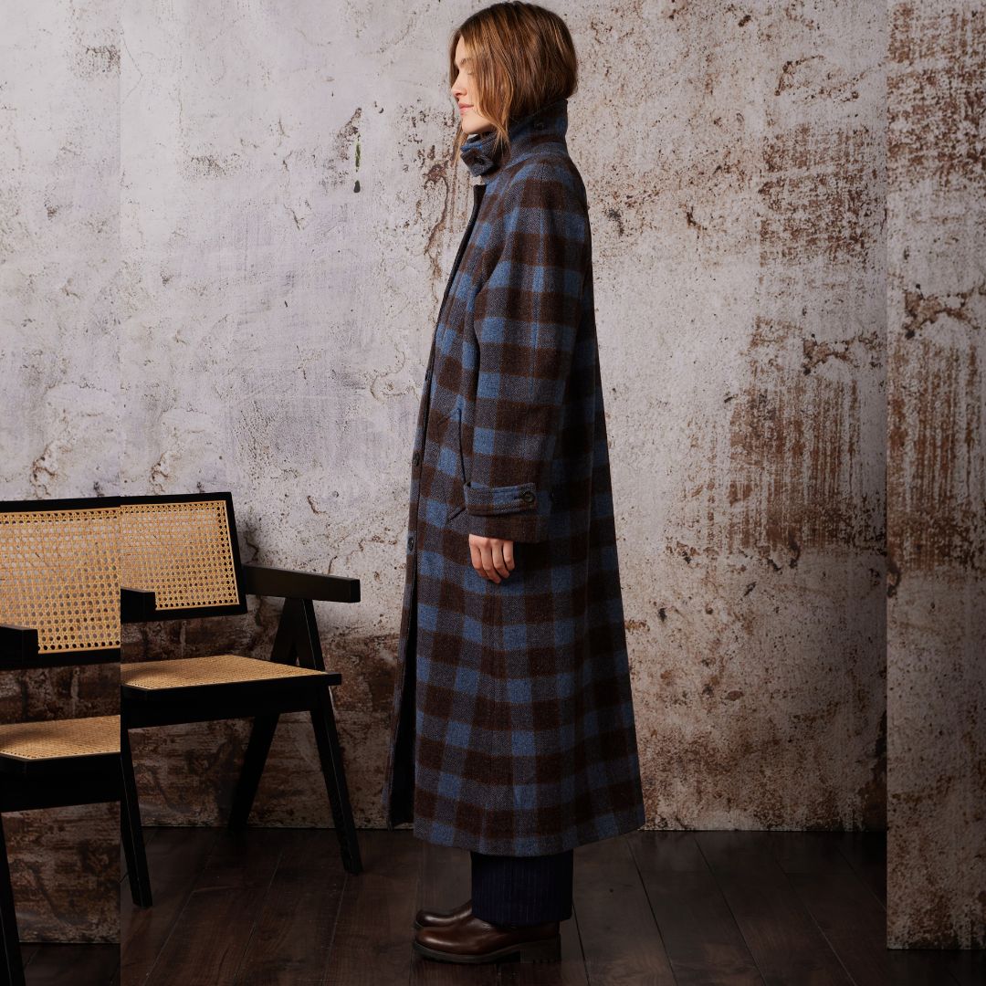 Diega Women's Macialo Check Long Coat in Brown & Blue