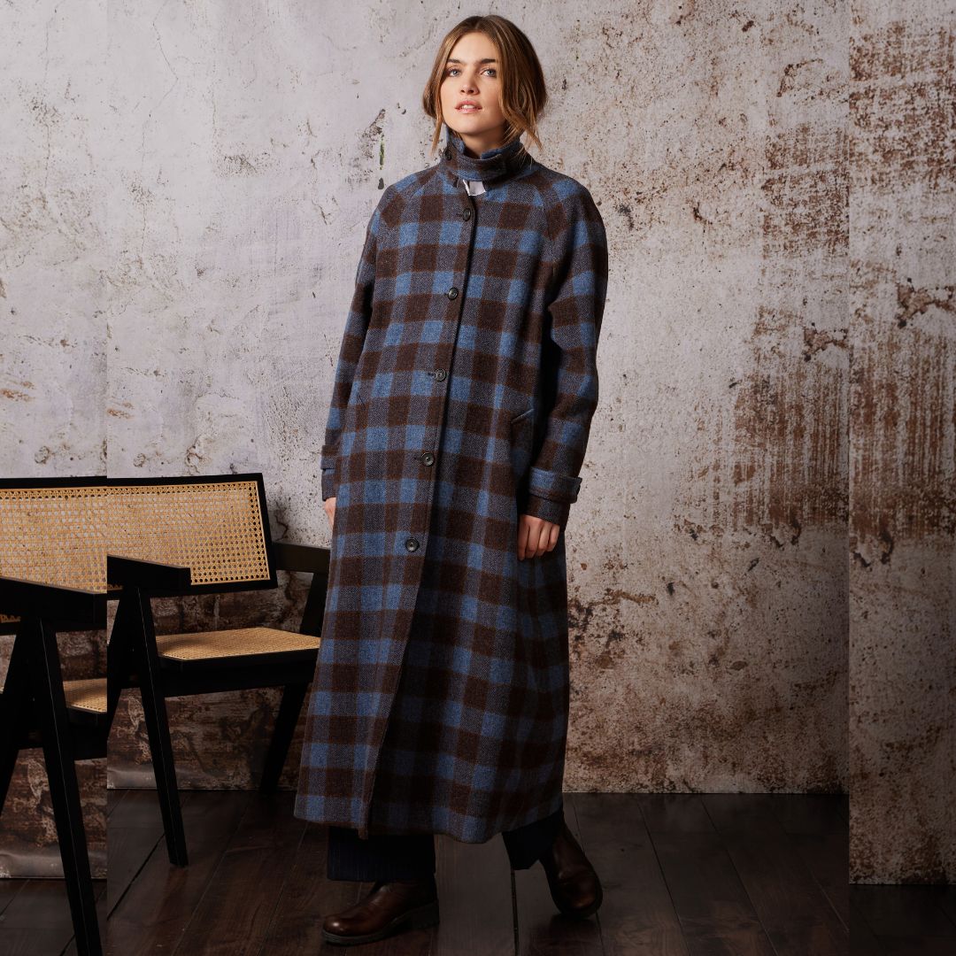 Diega Women's Macialo Check Long Coat in Brown & Blue