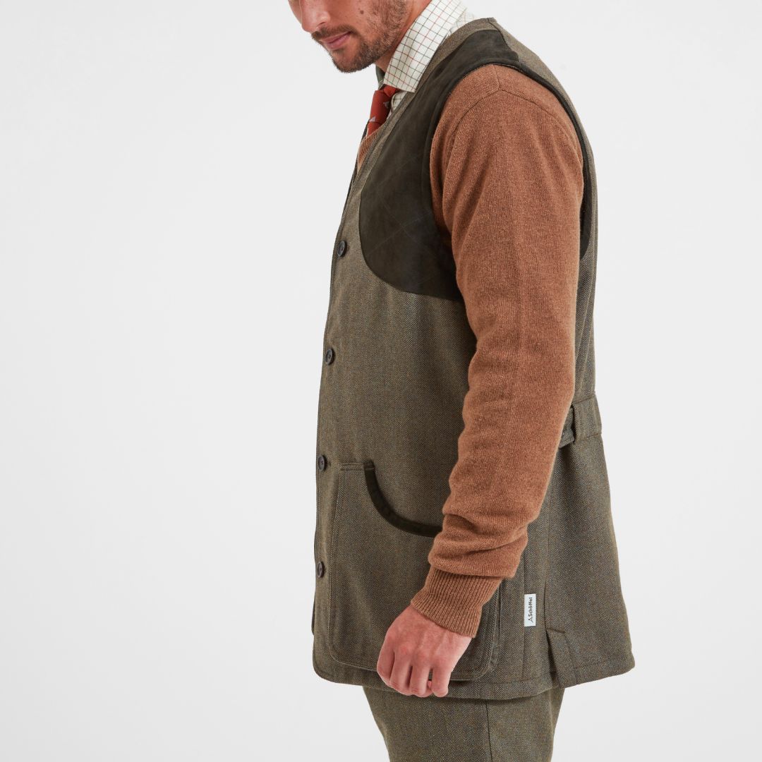 Schoffel Men's Ptarmigan Herringbone Tweed Waistcoat in Loden Green