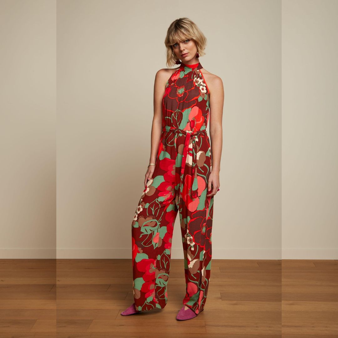 King Louie Women's Marty Halter Jumpsuit La Monia in Pecan Brown
