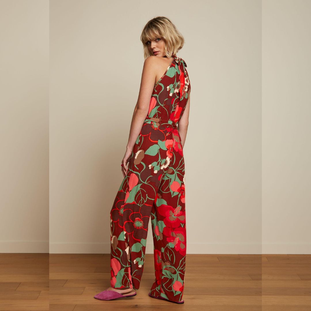 King Louie Women's Marty Halter Jumpsuit La Monia in Pecan Brown
