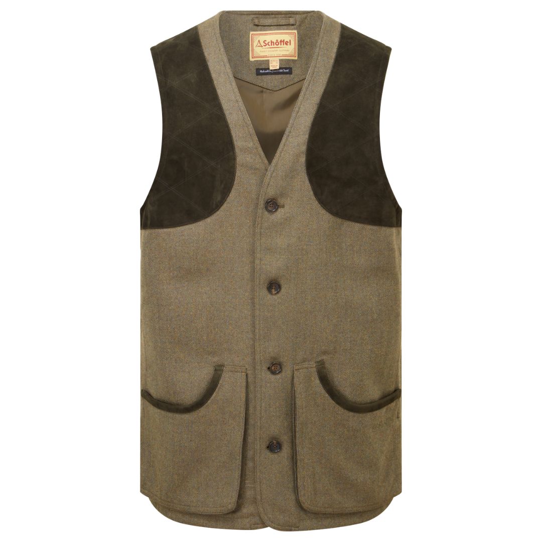 Schoffel Men's Ptarmigan Herringbone Tweed Waistcoat in Loden Green