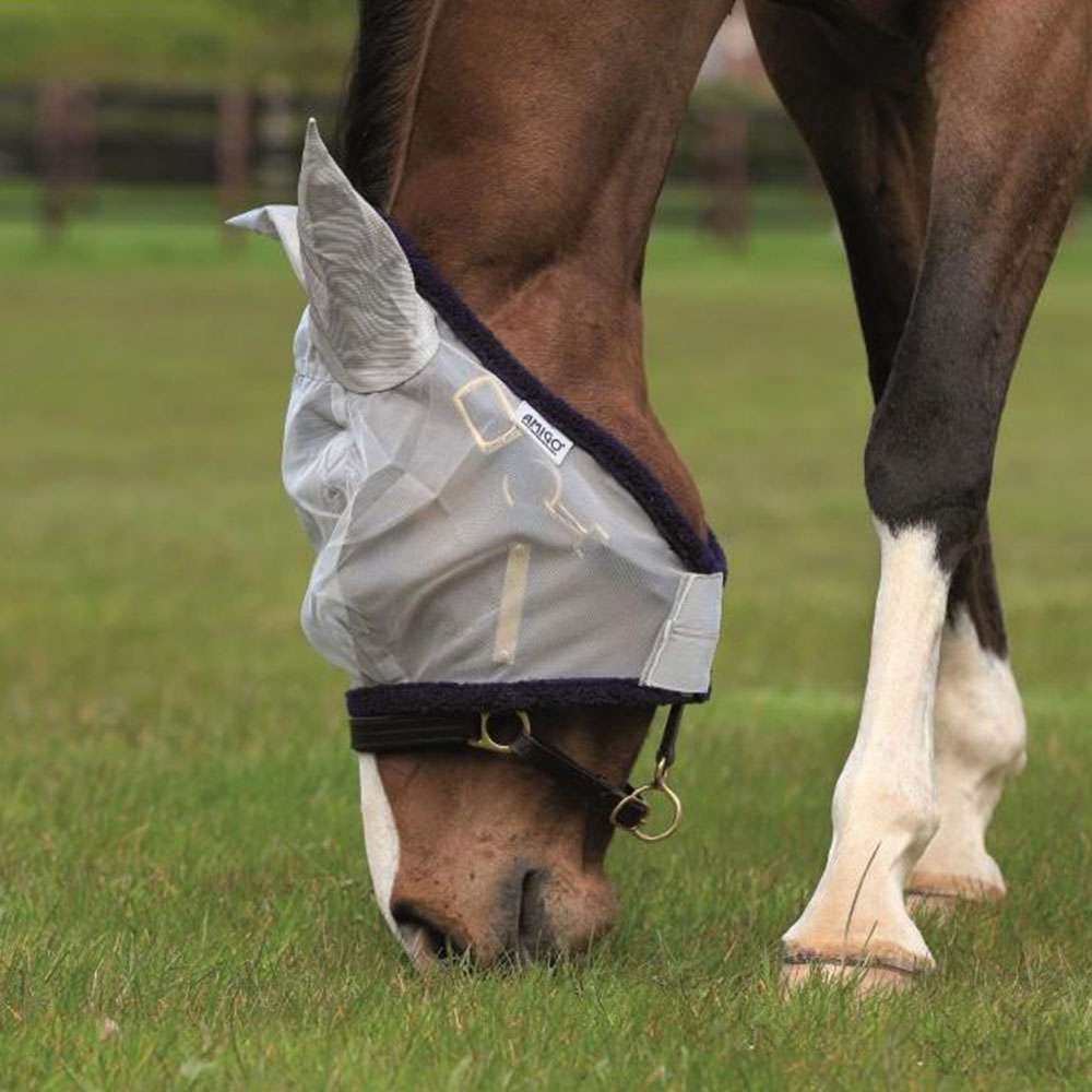 Horseware Amigo Fine Mesh Fly Mask with Ears in Silver & Navy