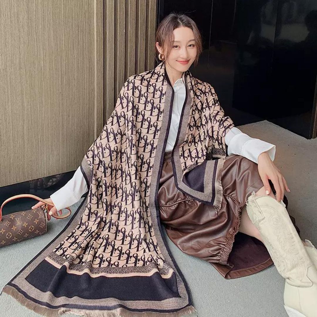 D Logo Patterned Scarf in Taupe & Black