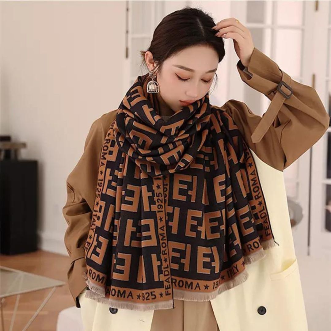 F Logo Patterned Scarf in Black & Tan