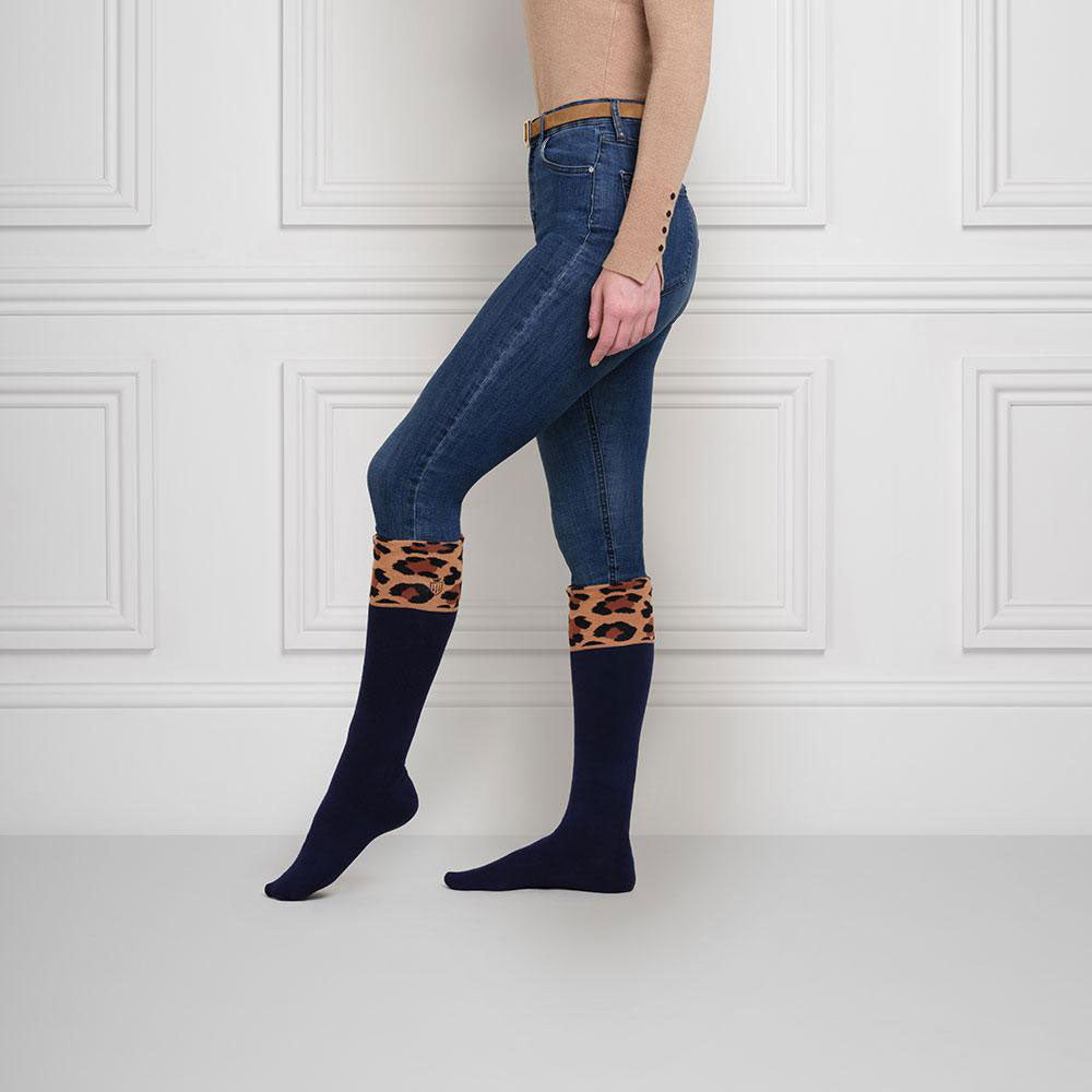 Fairfax & Favor Women's Signature Knee High Socks in Navy & Leopard