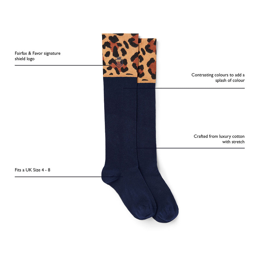 Fairfax & Favor Women's Signature Knee High Socks in Navy & Leopard