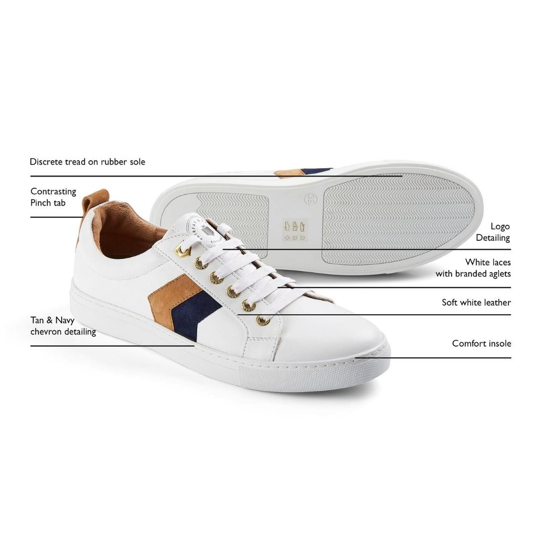 Fairfax & Favor Alexandra Leather Trainer in White with Tan & Navy