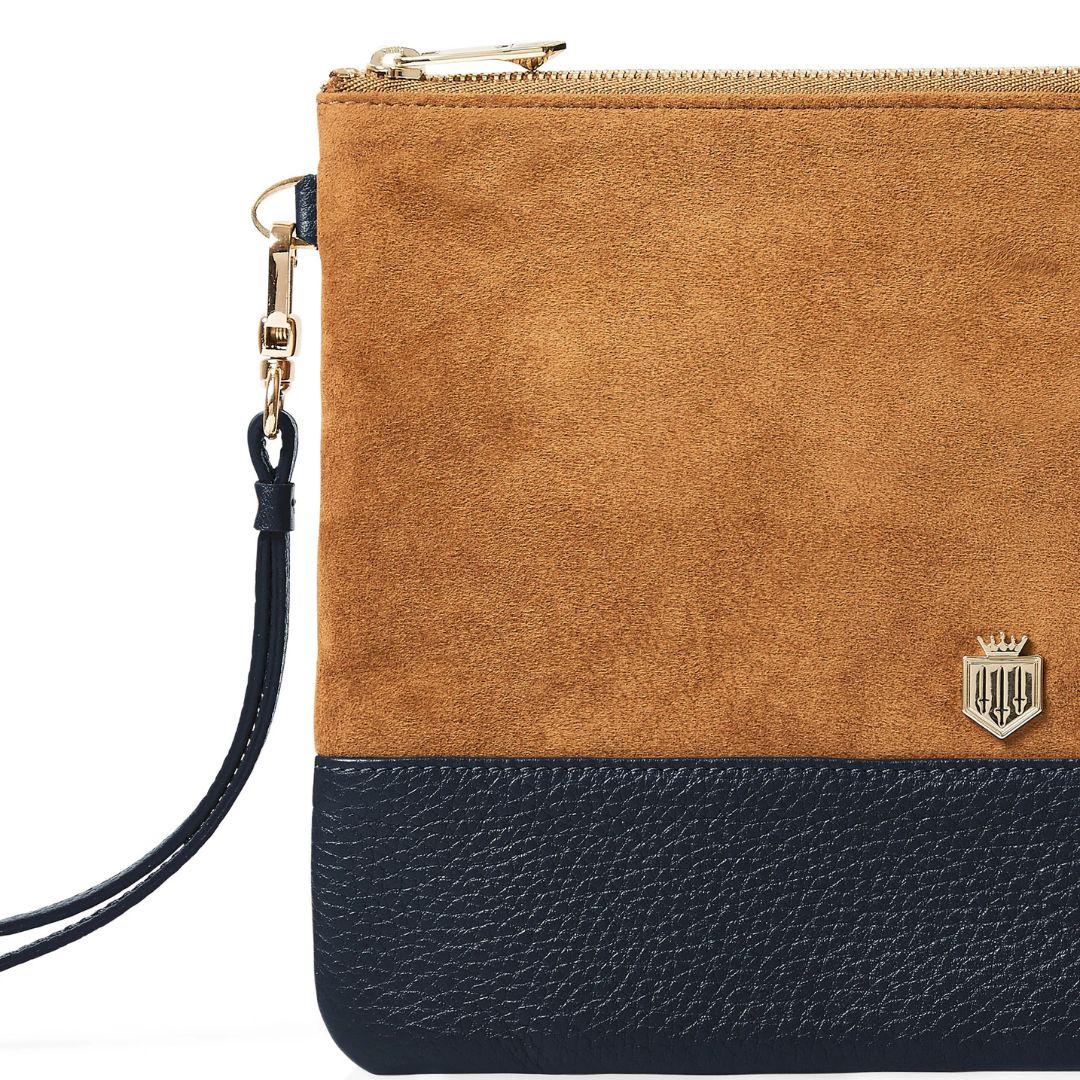 Fairfax & Favor Highbury Leather & Suede Clutch in Tan & Navy