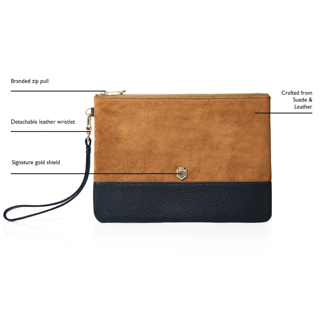 Fairfax & Favor Highbury Leather & Suede Clutch in Tan & Navy