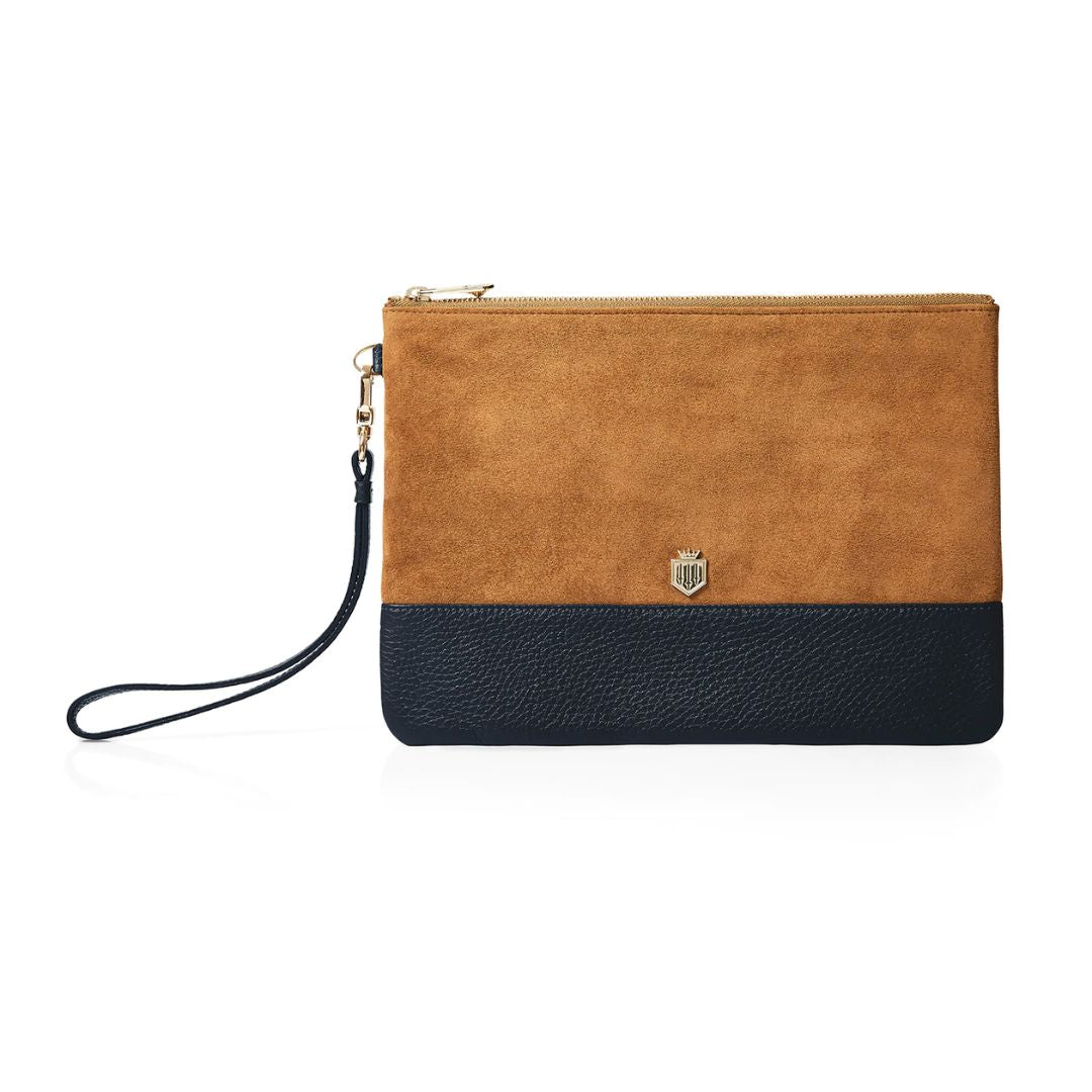 Fairfax & Favor Highbury Leather & Suede Clutch in Tan & Navy