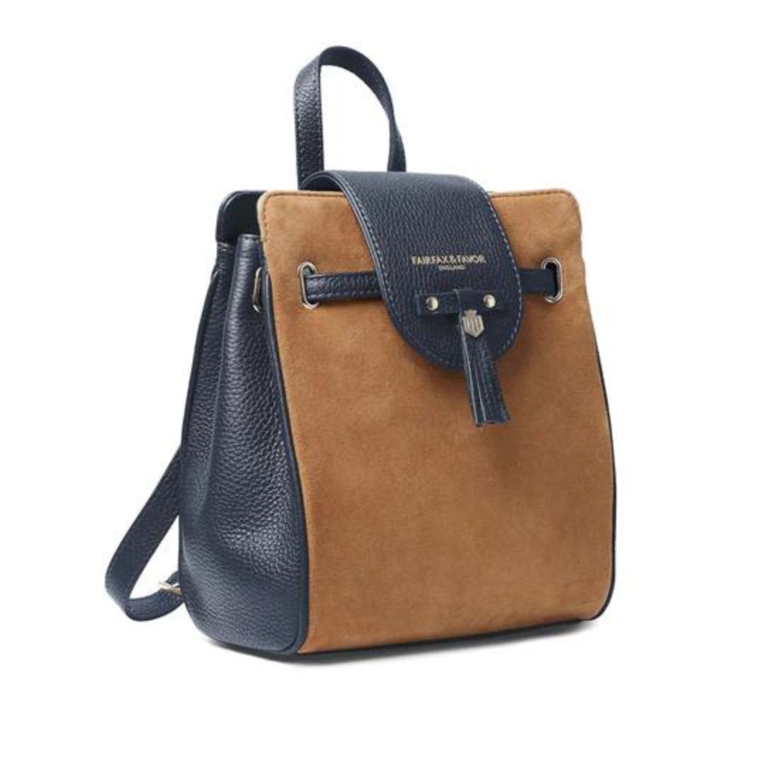 Fairfax & Favor Mini Windsor Suede Backpack in Tan & Navy