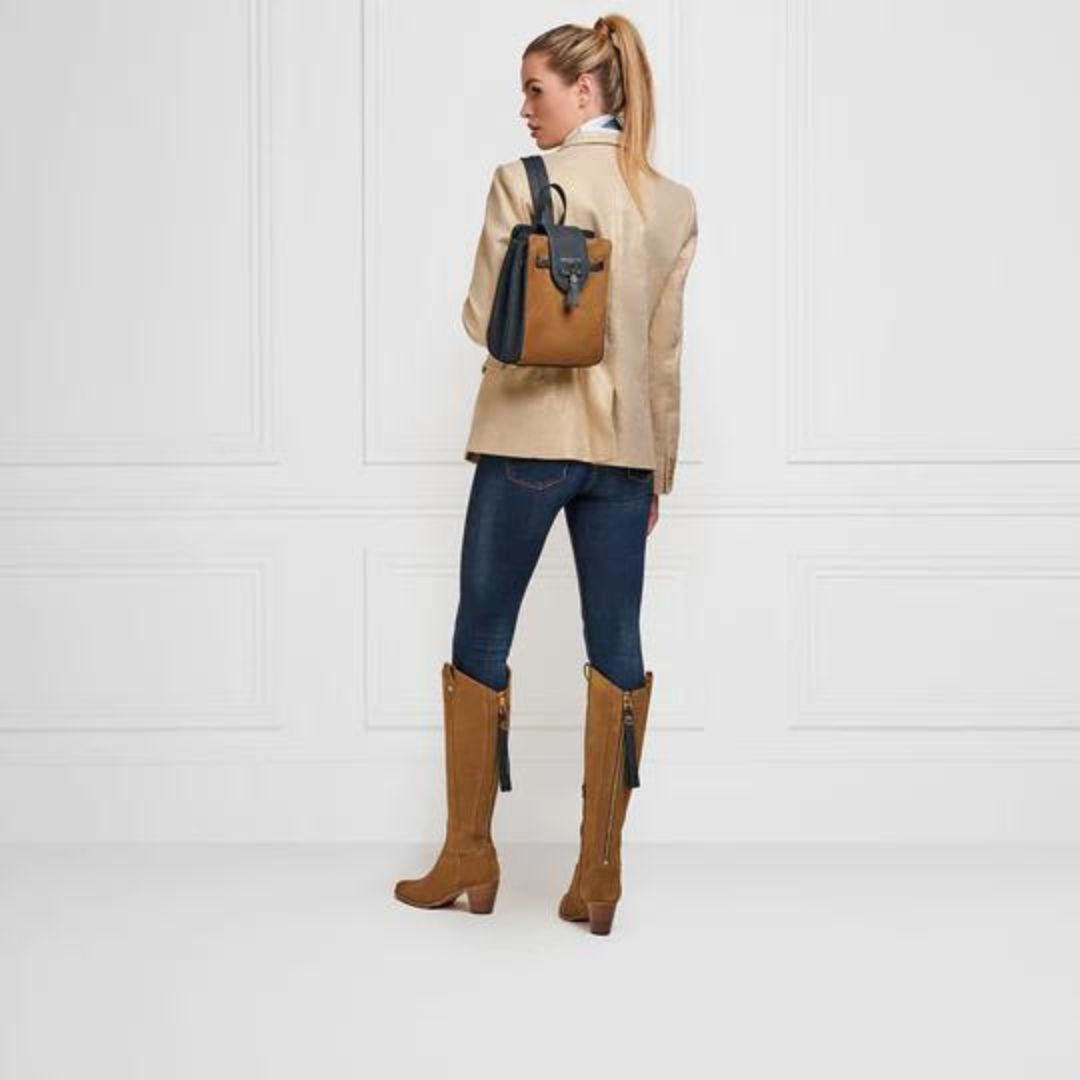 Fairfax & Favor Mini Windsor Suede Backpack in Tan & Navy