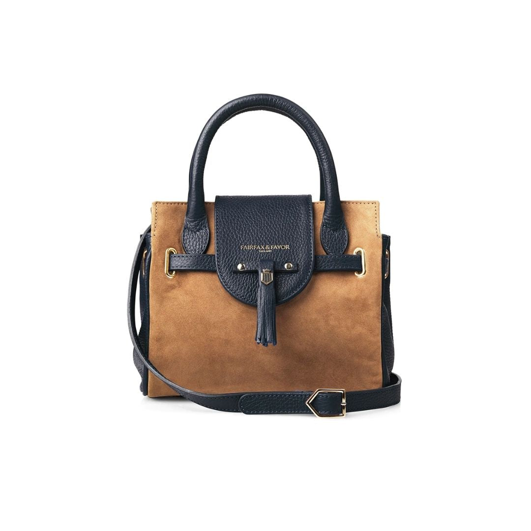 Navy and tan handbag store
