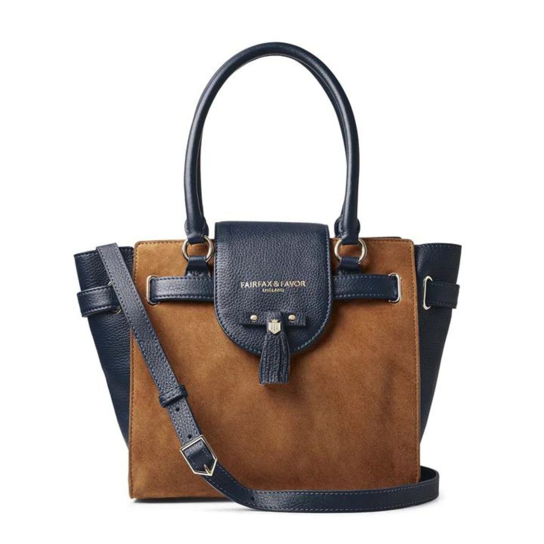Fairfax Favor Windsor Suede Tote Handbag in Tan Navy