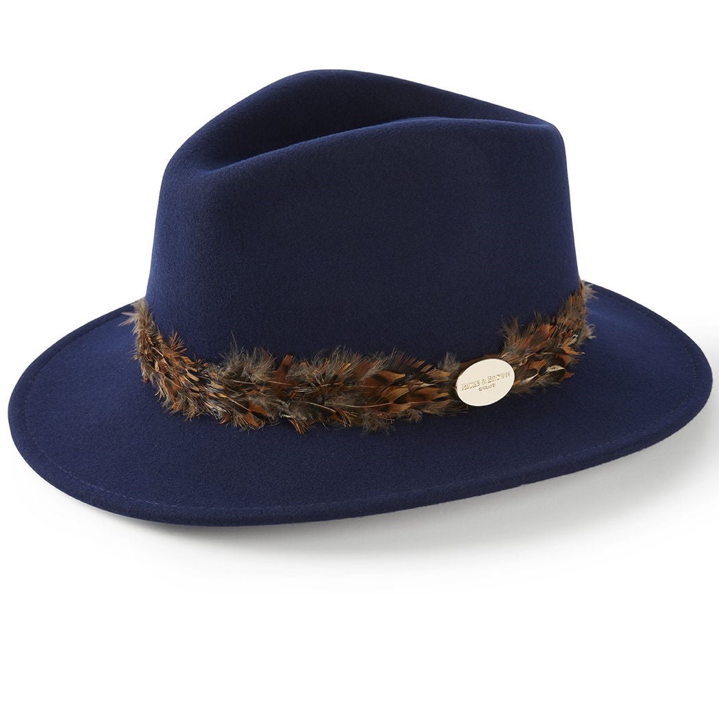 Hicks & Brown 'The Suffolk' Fedora in navy (pheasant feather wrap) - RedMillsStore.ie
