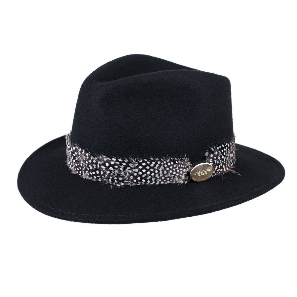 Hicks & Brown 'The Suffolk' Fedora in Black (Guinea Feather Wrap) - RedMillsStore.ie