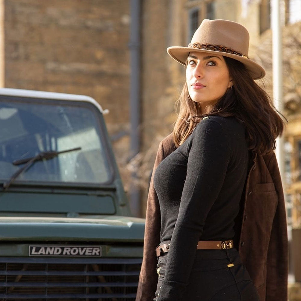 Hicks & Brown Suffolk Fedora in Camel with Pheasant Feather Wrap