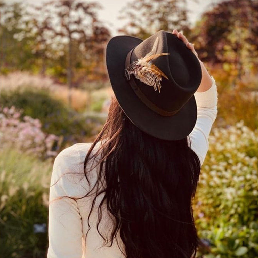 Hicks & Brown Suffolk Fedora in Dark Brown with Gamebird Feather