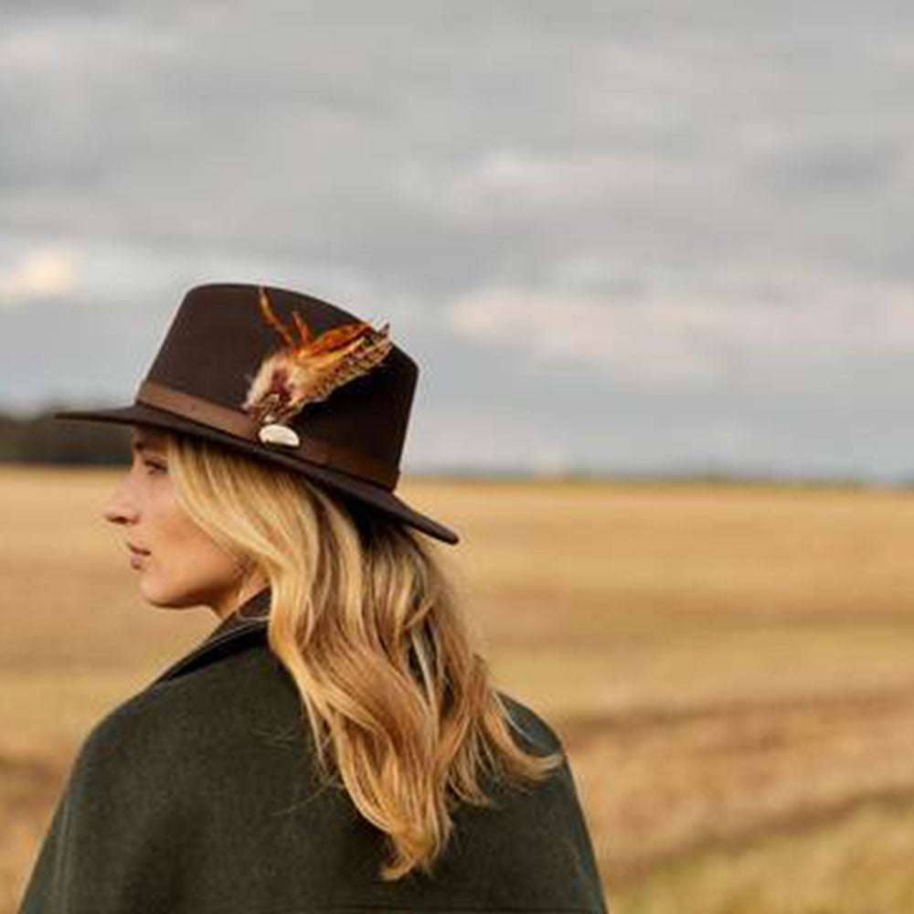 Hicks & Brown Suffolk Fedora in Dark Brown with Gamebird Feather