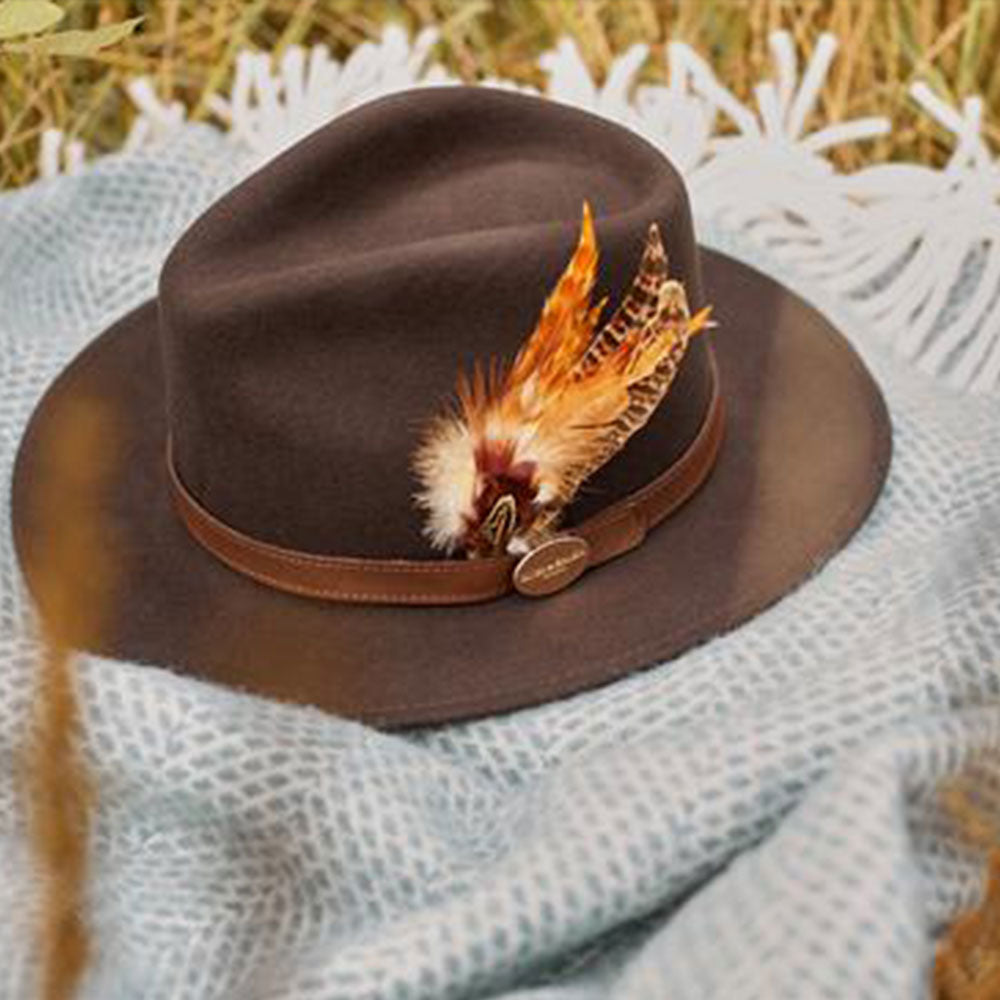 Hicks & Brown Suffolk Fedora in Dark Brown with Gamebird Feather