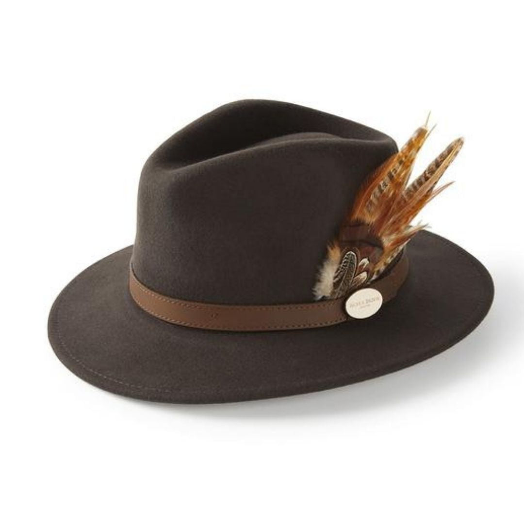 Hicks & Brown Suffolk Fedora in Dark Brown with Gamebird Feather