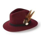 Hicks & Brown Suffolk Fedora in Maroon with Gamebird Feather