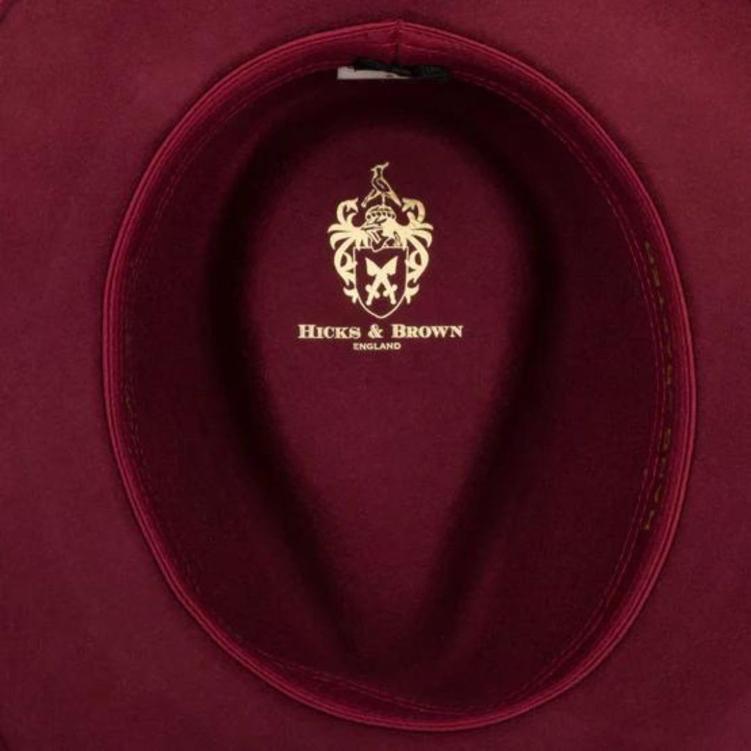 Hicks & Brown Suffolk Fedora in Maroon with Gamebird Feather