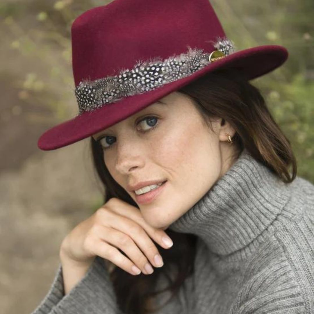 Hicks & Brown Suffolk Fedora in Maroon with Guinea Feather Wrap