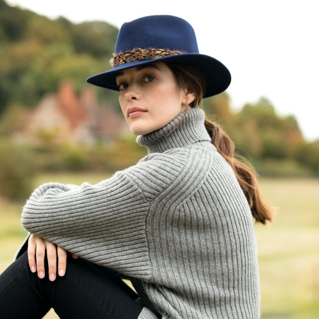 Hicks & Brown Suffolk Fedora in Navy with Pheasant Feather Wrap