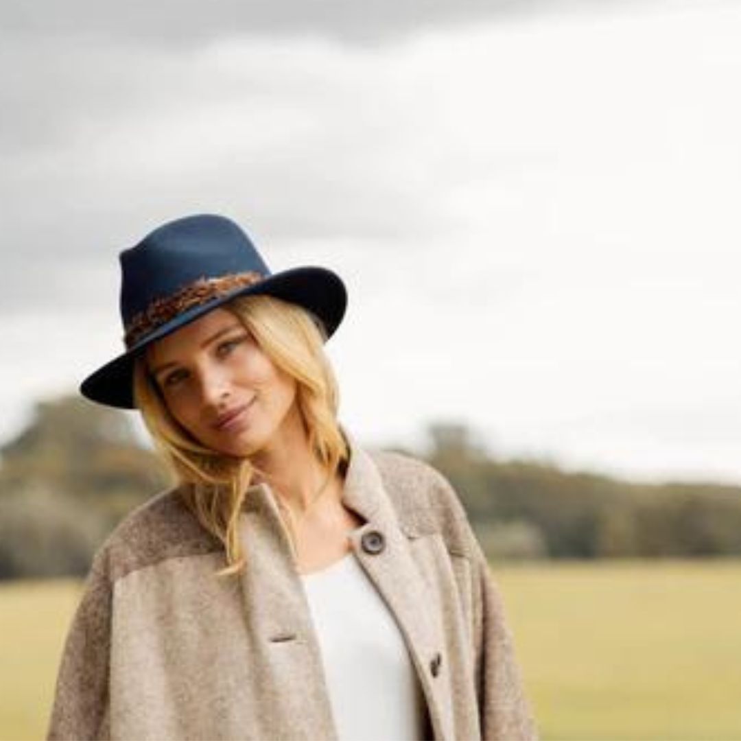 Hicks & Brown Suffolk Fedora in Navy with Pheasant Feather Wrap