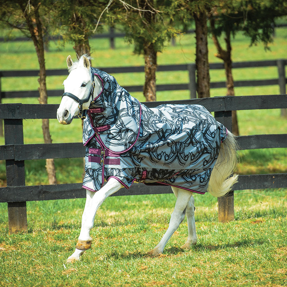 Horseware Amigo Pony Plus Medium Turnout Rug in Horse Print & Purple (200g)