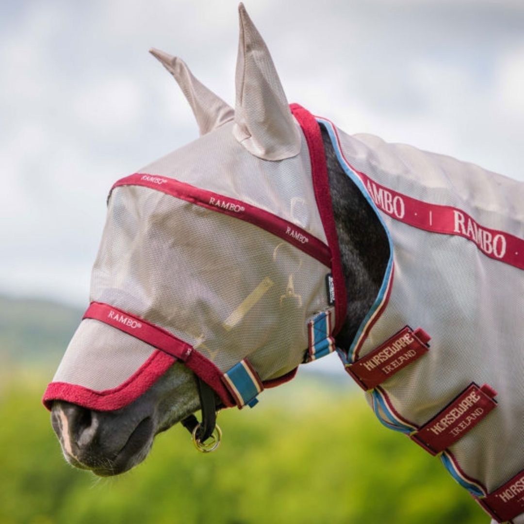 Horseware Rambo Plus Fly Mask in Oatmeal/Cherry, Peach & Blue