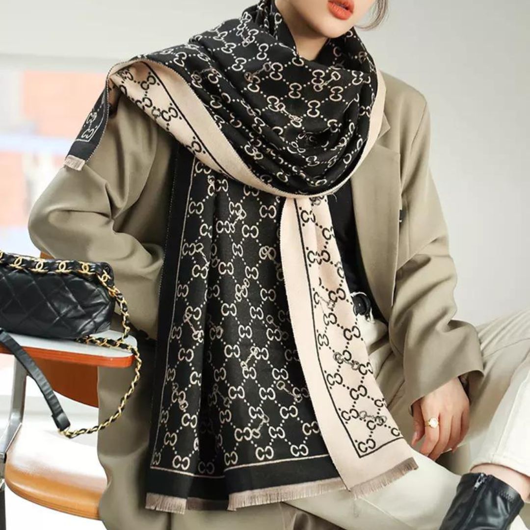 Monogram Print Scarf in Black & Cream